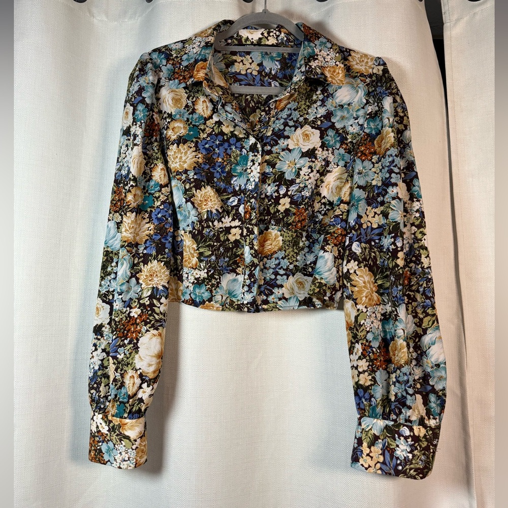 Zara Blue and Brown Floral Collared Button Up Crop Long Sleeve Blouse Size Large - Picture 8 of 8